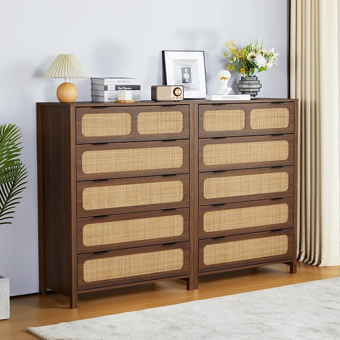 5 Drawer Dresser with Rattan Finish, Modern Farmhouse Chest of Drawers with - Image 5
