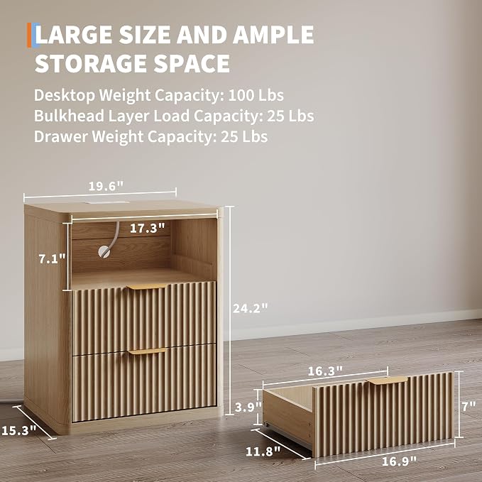 Fluted Nightstand with Charging Station, Bedside Table with 2 Drawers and Open - Image 2