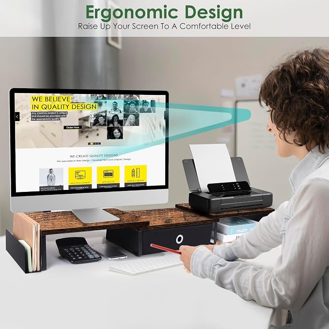 Dual Monitor Stand Riser With Drawer, Office Desk Organizers and Accessories - Image 4