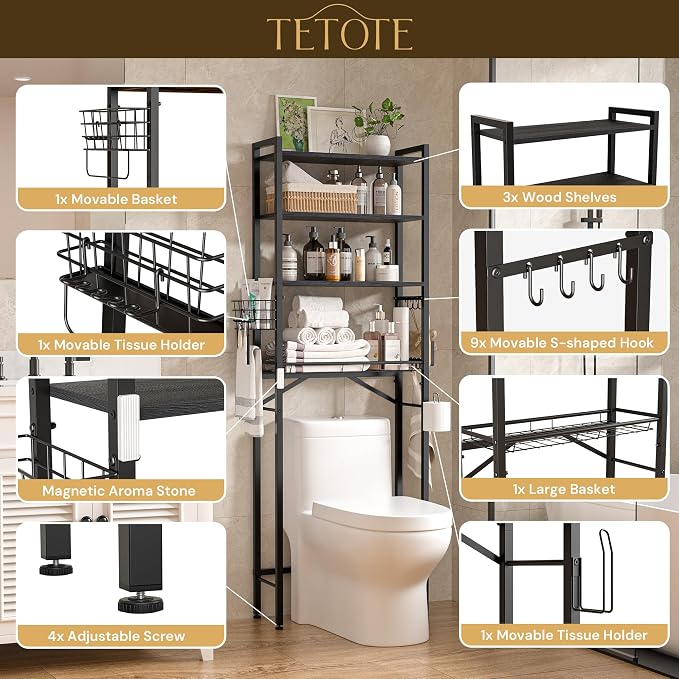 TETOTE Over Toilet Bathroom Organizer, 4-Tier Bathroom Over The Toilet Storage - Image 4