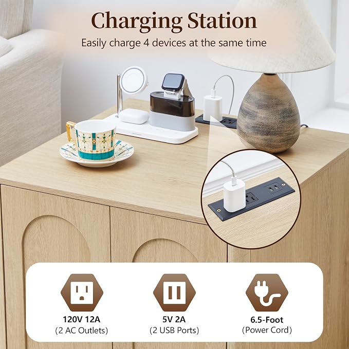 Bed Side Table Set of 2 with Charging Station, Mid Century Modern Nightstand - Image 3