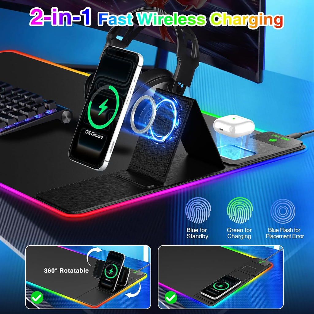 RGB Gaming Mouse Pad with Magnetic Wireless Charging & Foldable Phone
