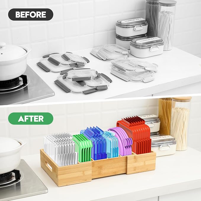 Expandable Food Container Lid Organizers Inside Cabinet, Bamboo Lids Organizer - Image 4