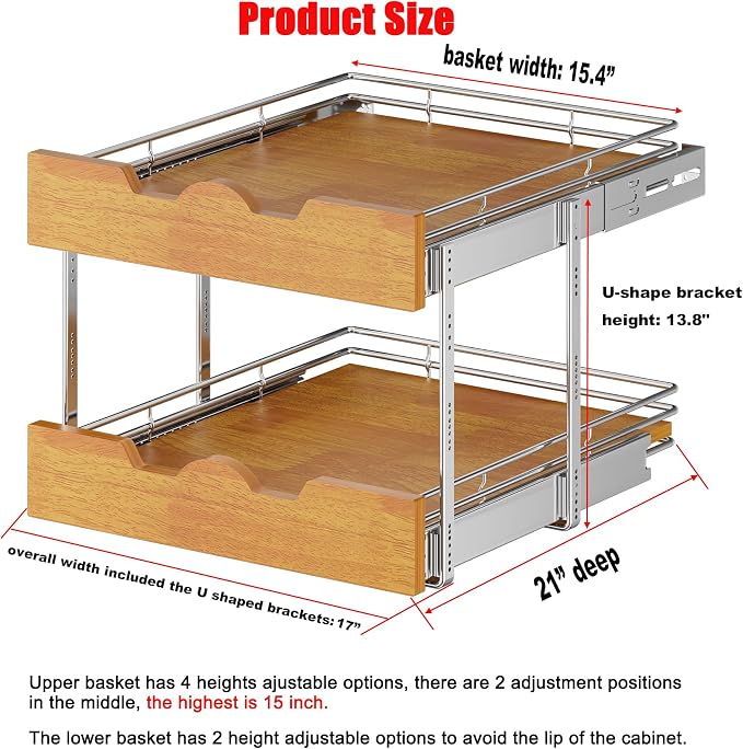 DINDON 2 Tier Pull Out Cabinet Organizer Slide Out Wood Shelf Double Tier - Image 2