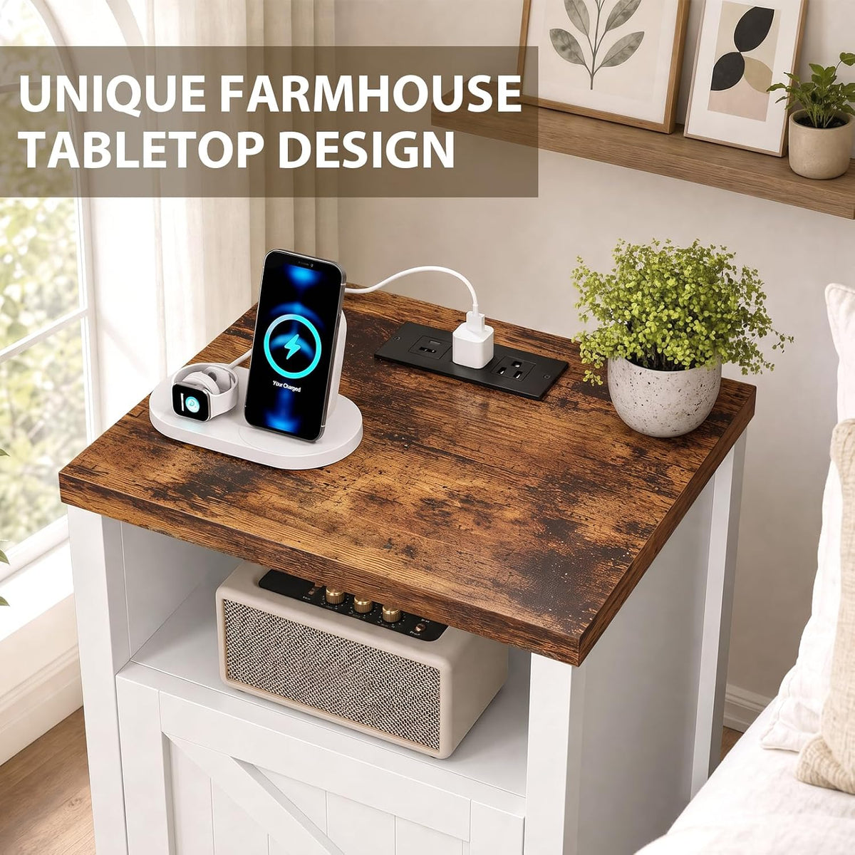 Farmhouse Nightstand with Charging Station, Couch Side Table Set of 2