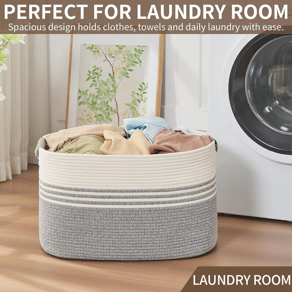 Laundry Hamper with Handles, 72L Rope Laundry Basket, Grey & White