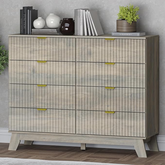 Fluted 8 Drawer Tall Dresser, 47.2" Wide Modern Boho Chest of Drawers, Wooden by BORNOON