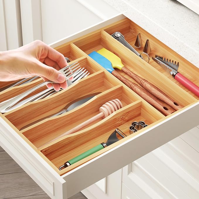 BAMEOS Bamboo Silverware Drawer Organizers, 11.9 inch Utensil Drawer Organizer - Image 7