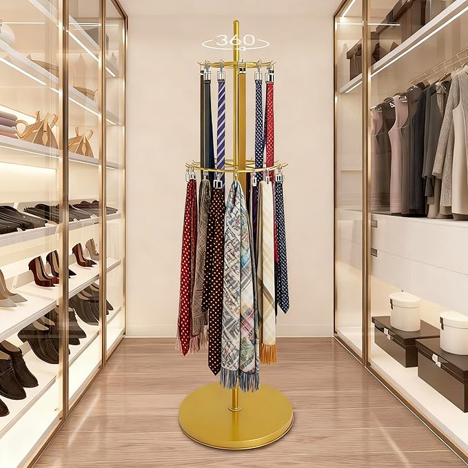Gold Belt Display Scarf &Ties Rack Stand, 360° Rotation Floor Mounted Belt by kunghei