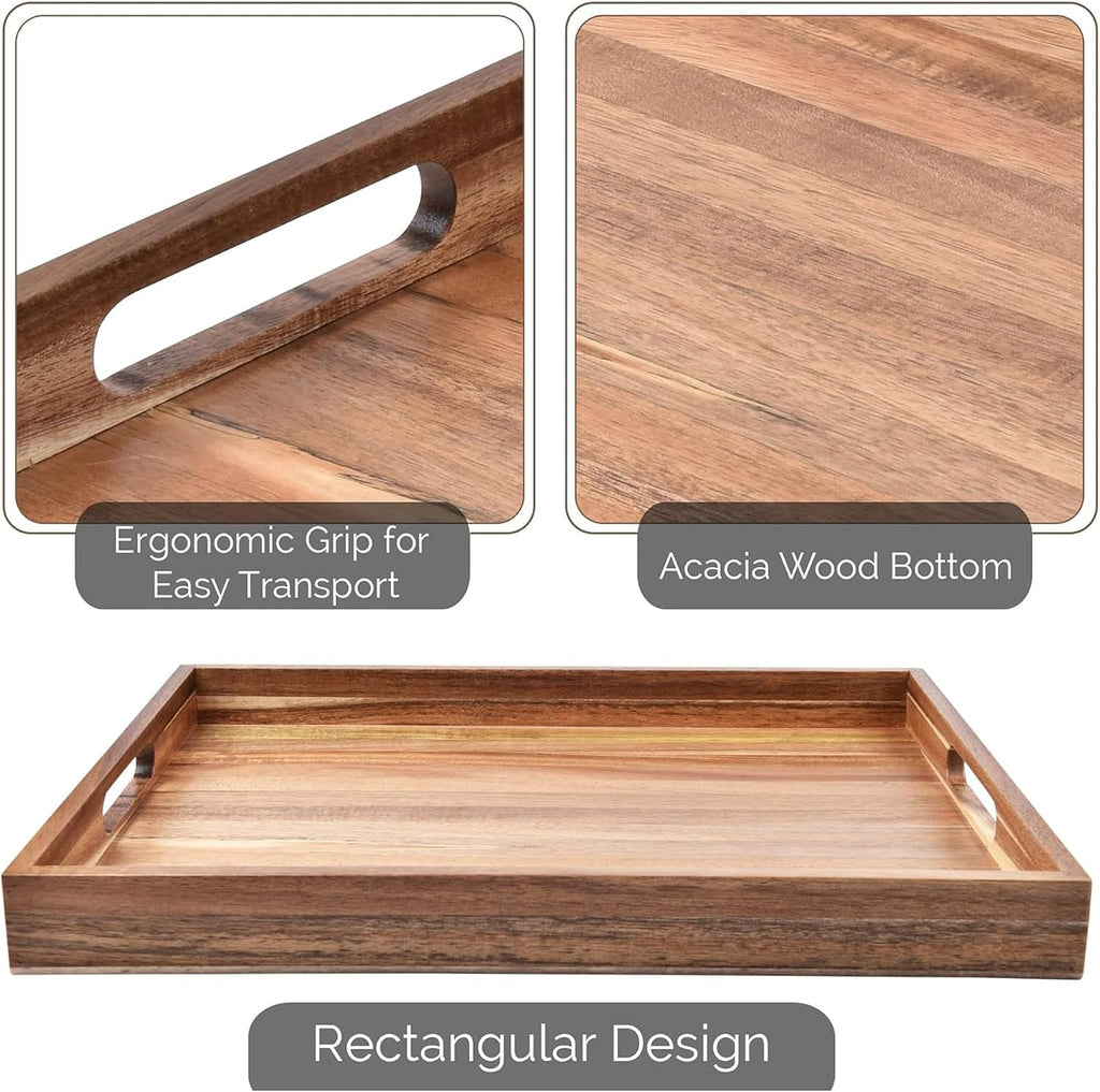 Acacia Wood Serving Tray with Handles Set of 2 – Decorative Serving