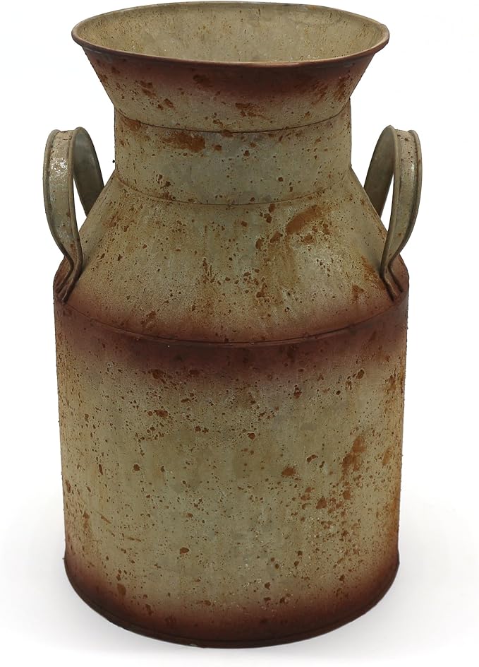 CVHOMEDECO. Farmhouse Galvanized Metal Milk Can, Old Rustic Primitives Jug Vase by CVHOMEDECO