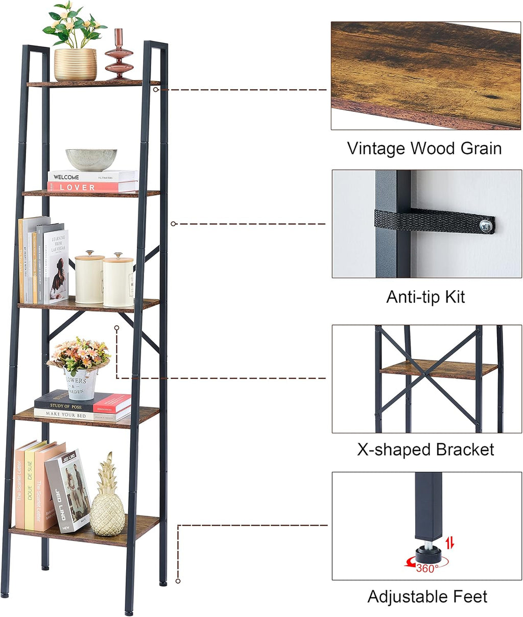 Hoctieon Industrial Ladder Bookshelf, Multifunctional Ladder Shelf