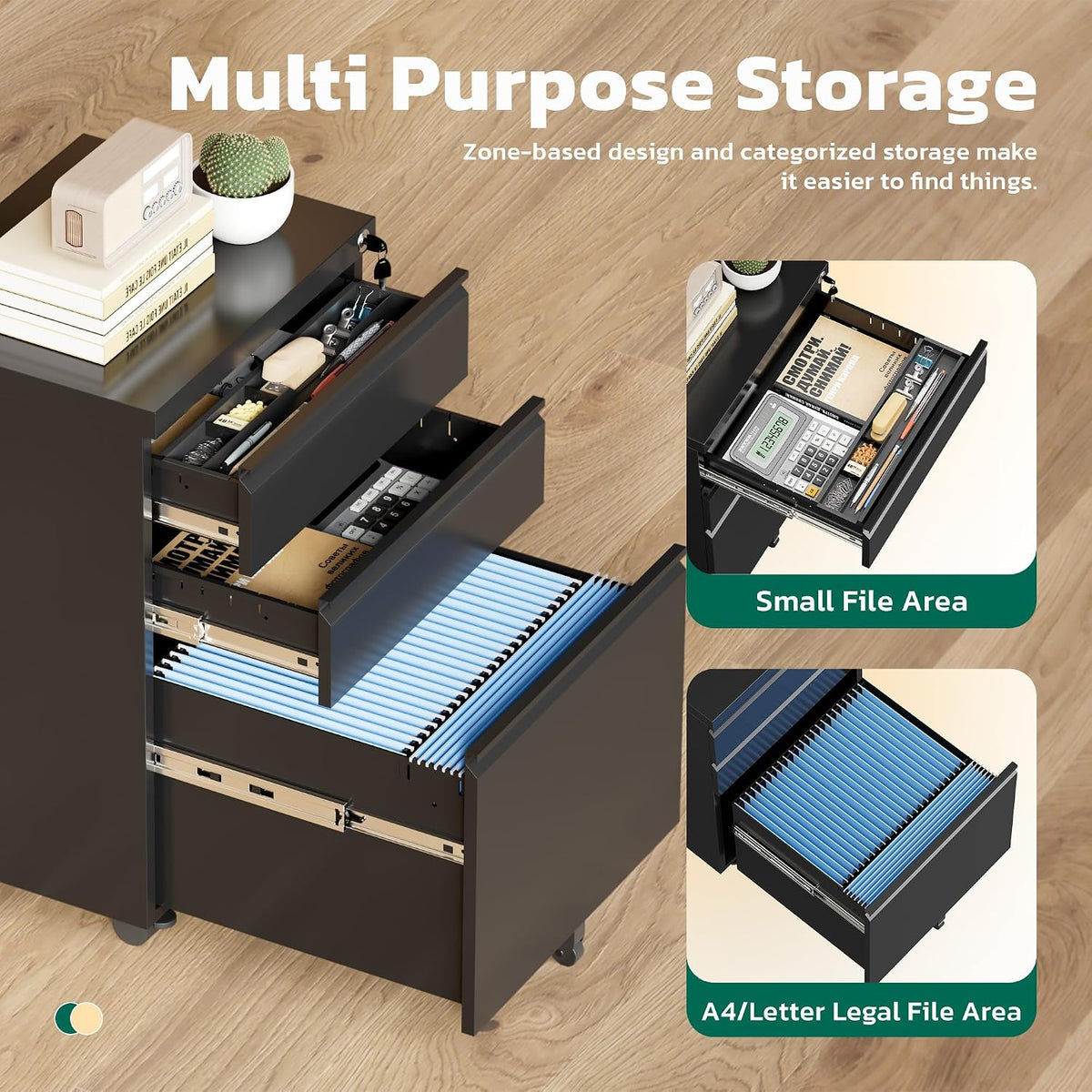 3 Drawer Mobile File Cabinet with Lock, Metal Filing Cabinet on