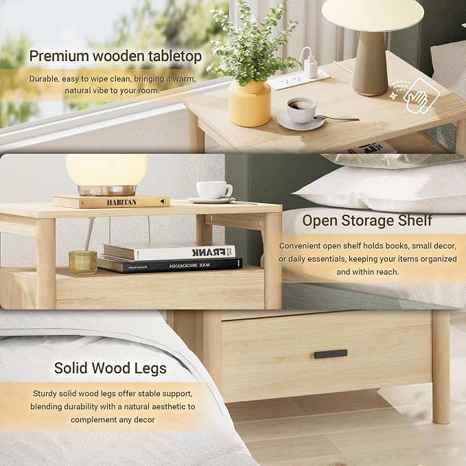 Night Stand Set of 2 with Charging Station, 2 Drawers End Table with Open Shelf - Image 3