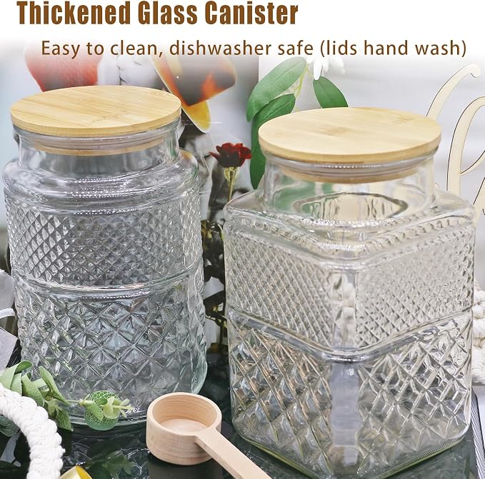 Viovian Large Glass Jar with Wood Lid and Spoon 60 OZ Square Thick Glass - Image 5