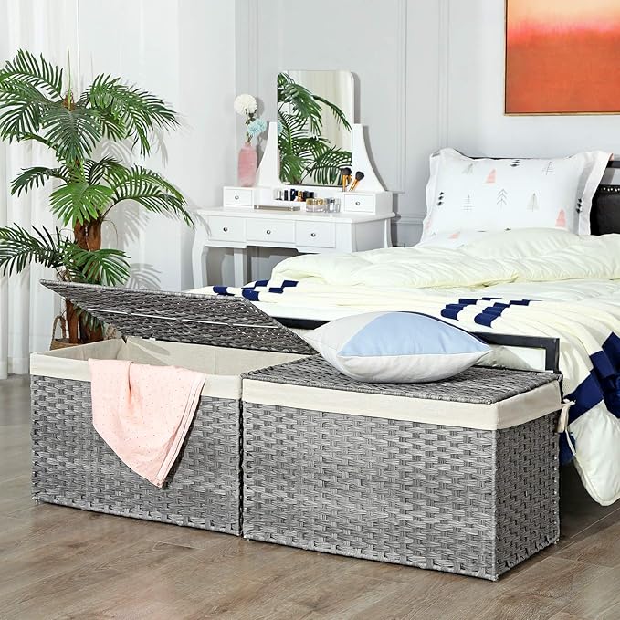 SONGMICS Storage Basket with Lid, Woven Blanket Storage Bin with Handles - Image 2