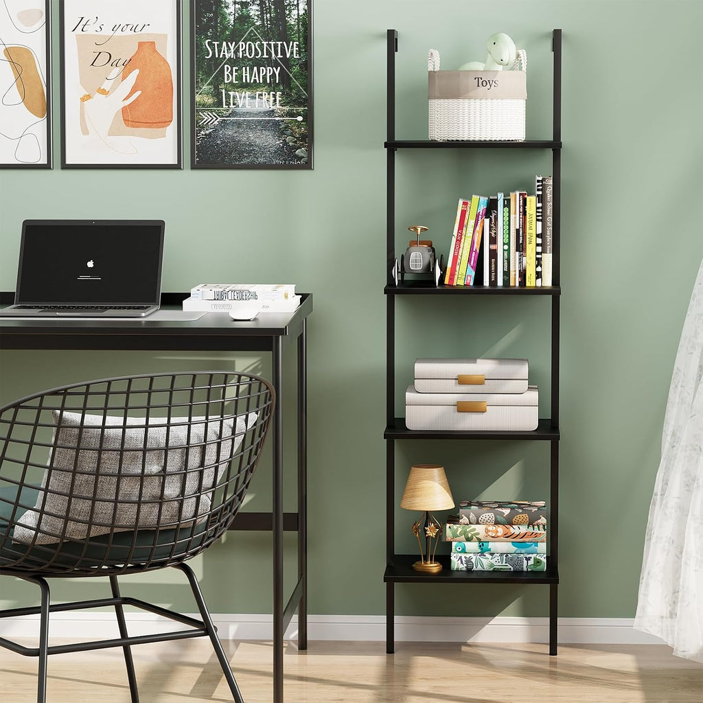 Ladder Shelf 4 Tiers Metal Industrial Bookshelf,Black Wooden Tall Open