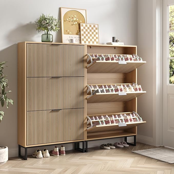Shoe Cabinet with 3 Flip Drawers Set of 2, Narrow Wood Shoe Cabinet Storage by Provideyouwithbestproduct%EF%BC%81