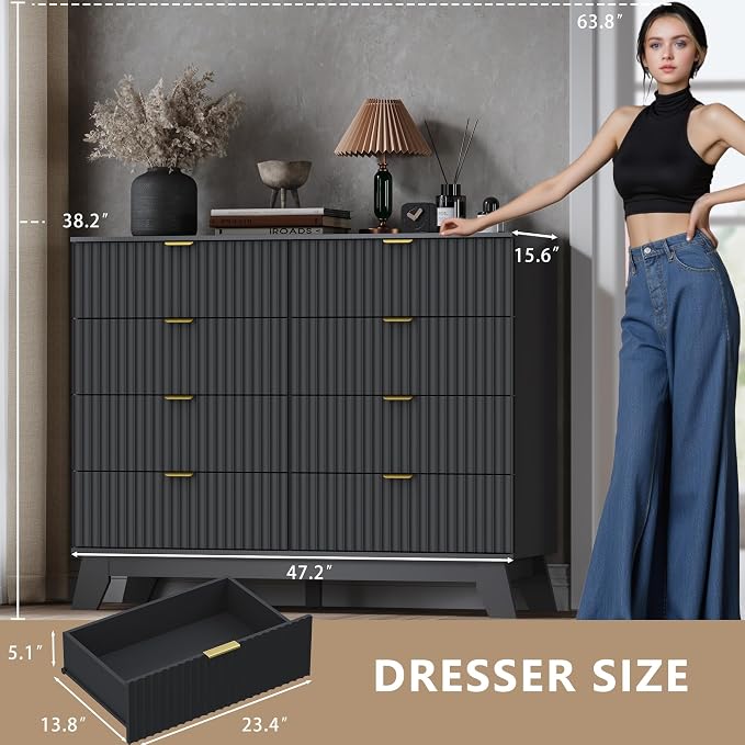 Fluted 8 Drawer Tall Dresser, 47.2" Wide Modern Boho Chest of Drawers, Wooden - Image 2