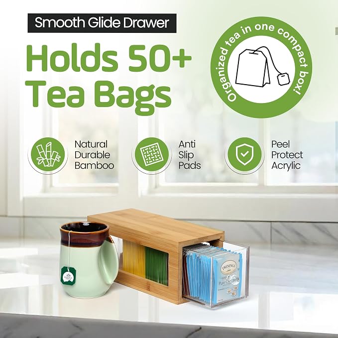 Bamboo and Acrylic Drawer Tea Bag Holder- Durable & Elegant Tea Bag Storage - Image 6