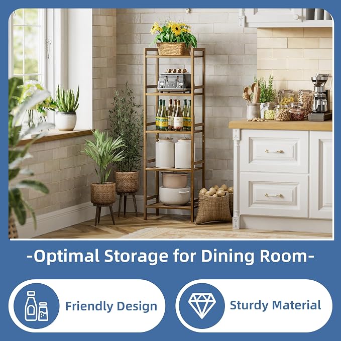 HITNET Bamboo Book Shelf, Tall Narrow Bookcase, Bathroom Shelving Unit 5 Tier - Image 4