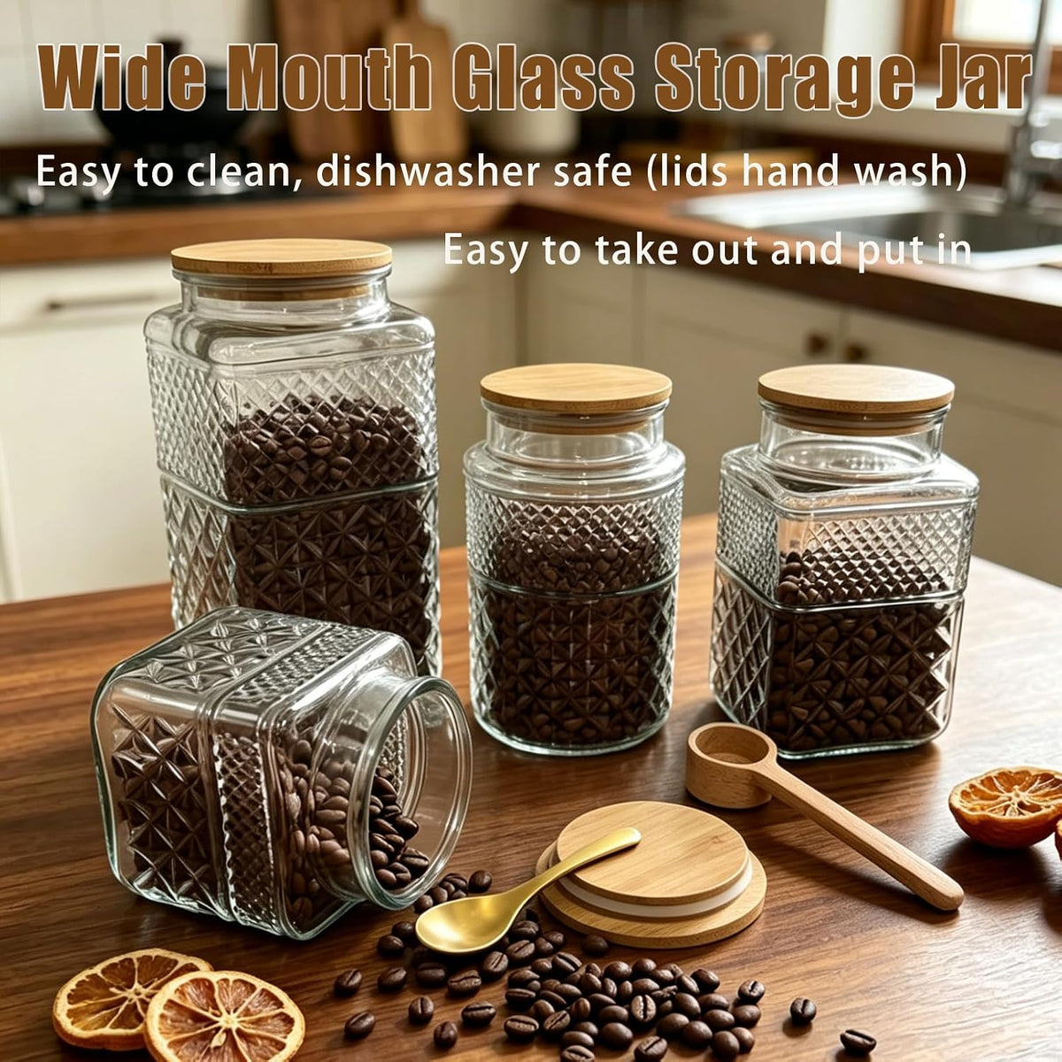 Viovian 38 oz Square Glass Storage Jars with Airtight Lids and Spoon
