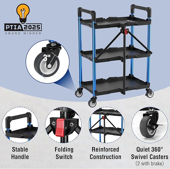 WORKPRO 3-Tier Collapsible Service Cart, 210 LBS Foldable Utility Service Cart - Image 5