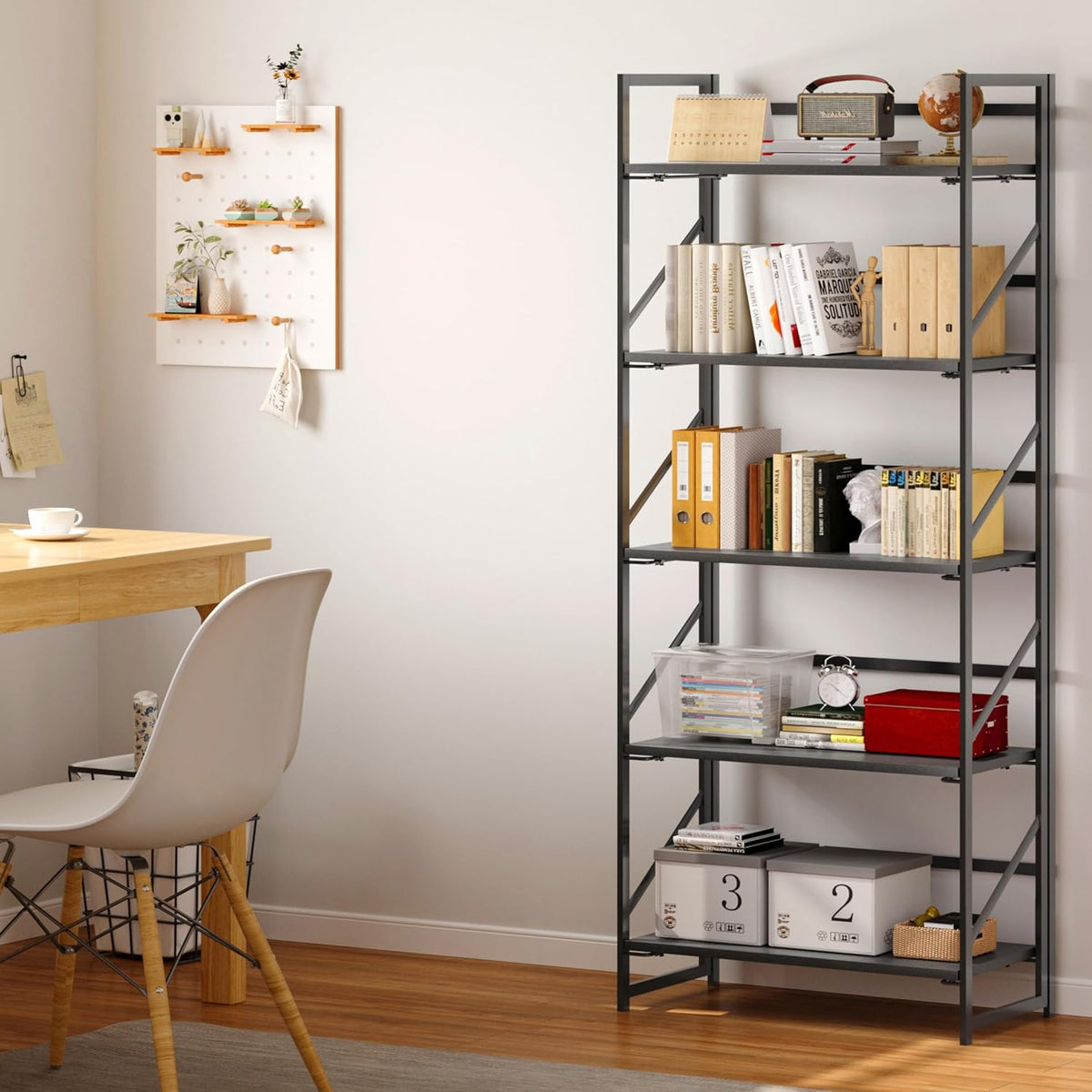 JSB No Assembly Folding Bookshelf, 5 Tier Industrial Metal Book Shelf