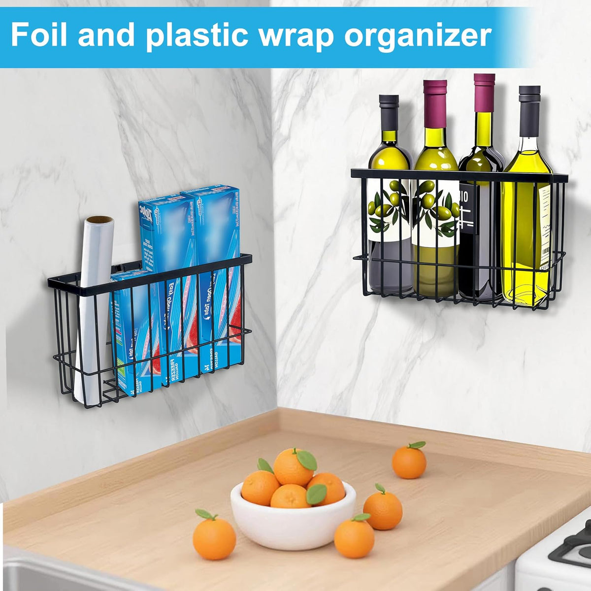 Cabinet Door Organizer Basket 2 Pack, Foil and Plastic Wrap Organizer