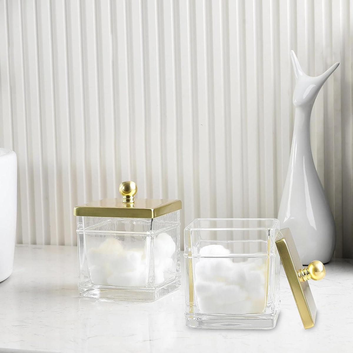 Glass Cotton Jar Holder 2 Pack– Brushed Gold Lid, Elegant Bathroom