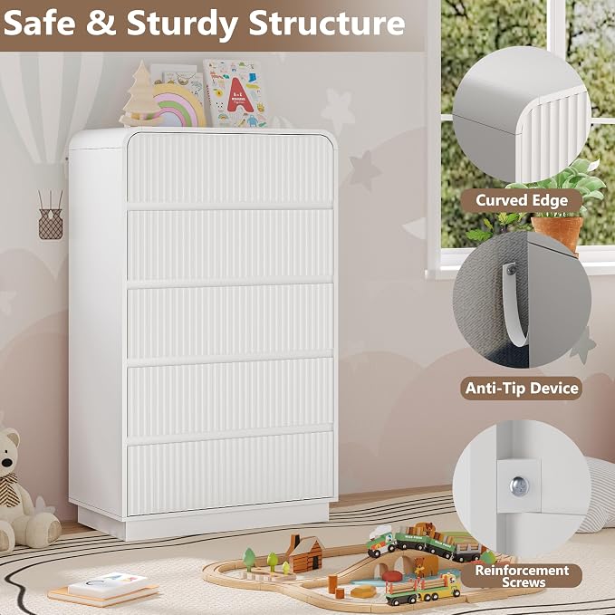 Tall Dresser for Bedroom with 5 Drawers, Fluted Chest of Drawers with Round - Image 4