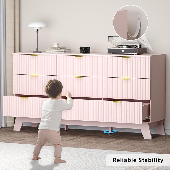 Fluted 9 Drawer Dresser, 57.1" Wide Modern Boho Chest of Drawers, Wooden - Image 7