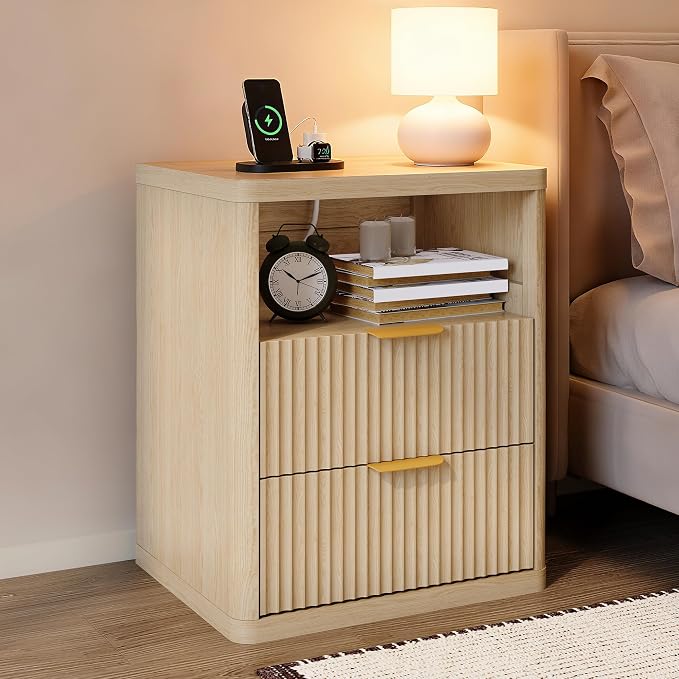 Fluted Nightstand with Charging Station, Bedside Table with 2 Drawers and Open by Boaeatu
