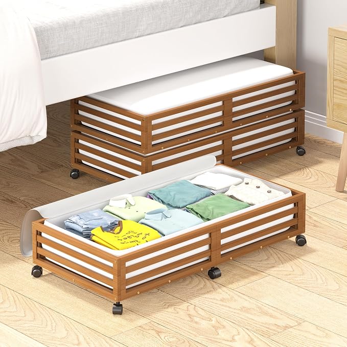 Bamboo Under Bed Storage Containers- Underbed Organizer by WISUCART