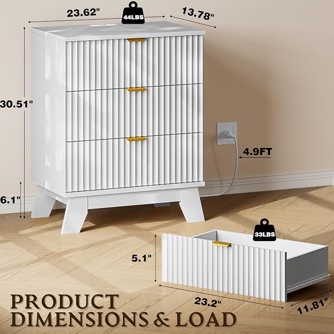 30.5" Nightstand with Charging Station, 3-Drawer Fluted Bedroom Chest, Wood - Image 2
