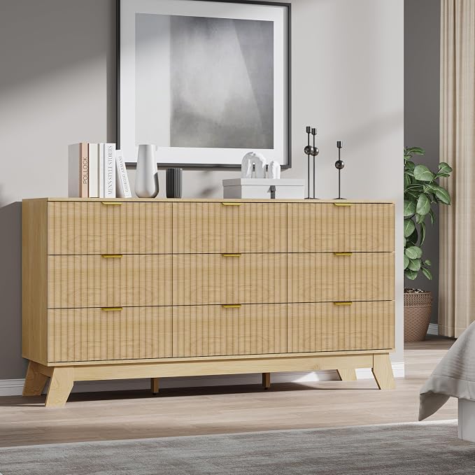 Fluted 9 Drawer Dresser, 57.1" Wide Modern Boho Chest of Drawers, Wooden - Image 7