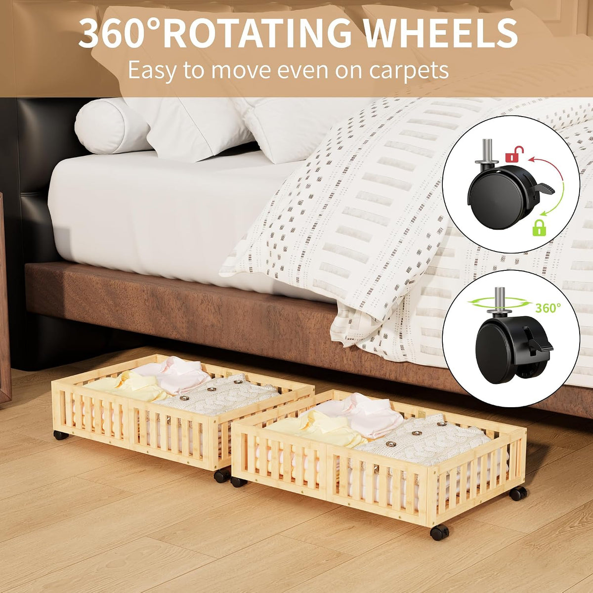 Under Bed Storage with Wheels, 2 Pcs Bamboo Drawers for Clothes and