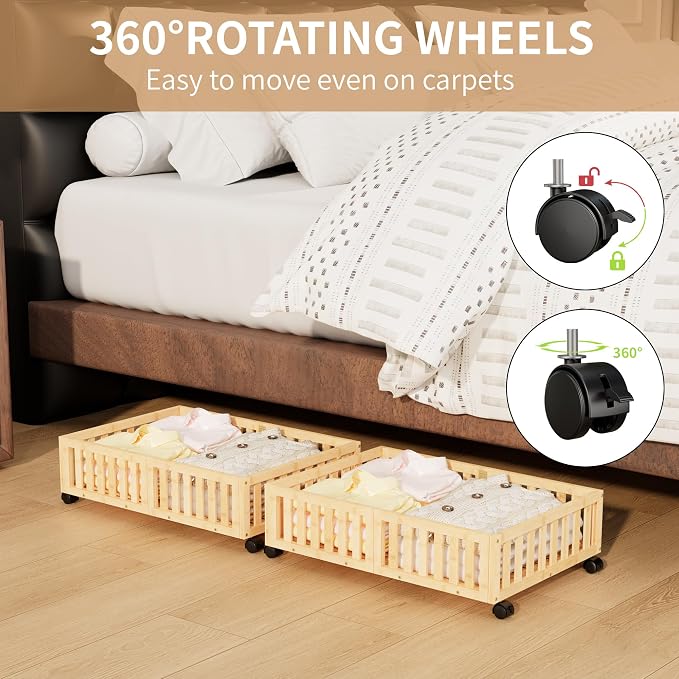 Bamboo Under Bed Storage with Wheels, Rolling Underbed Shoe Organizer Box - Image 7