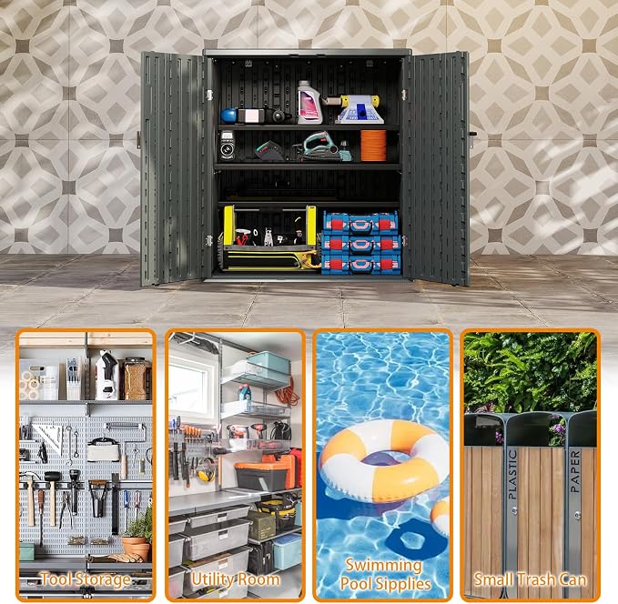 Outdoor Storage Cabinet with 2 Shelves, Waterproof Resin Horizontal Tool Shed - Image 6