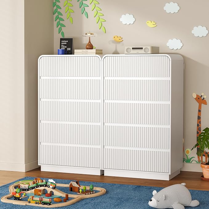 Tall Dresser for Bedroom with 5 Drawers, Fluted Chest of Drawers with Round - Image 6