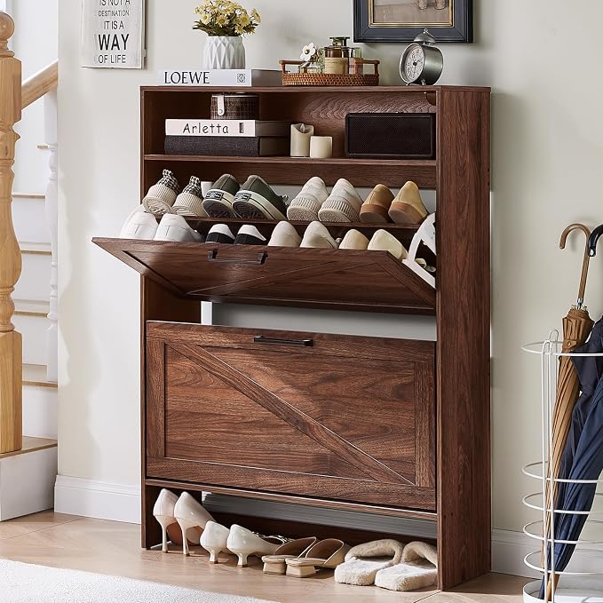 Shoe Storage Cabinet with 2 Flip Drawers, Farmhouse Narrow Shoe Organizer with by RWYHG