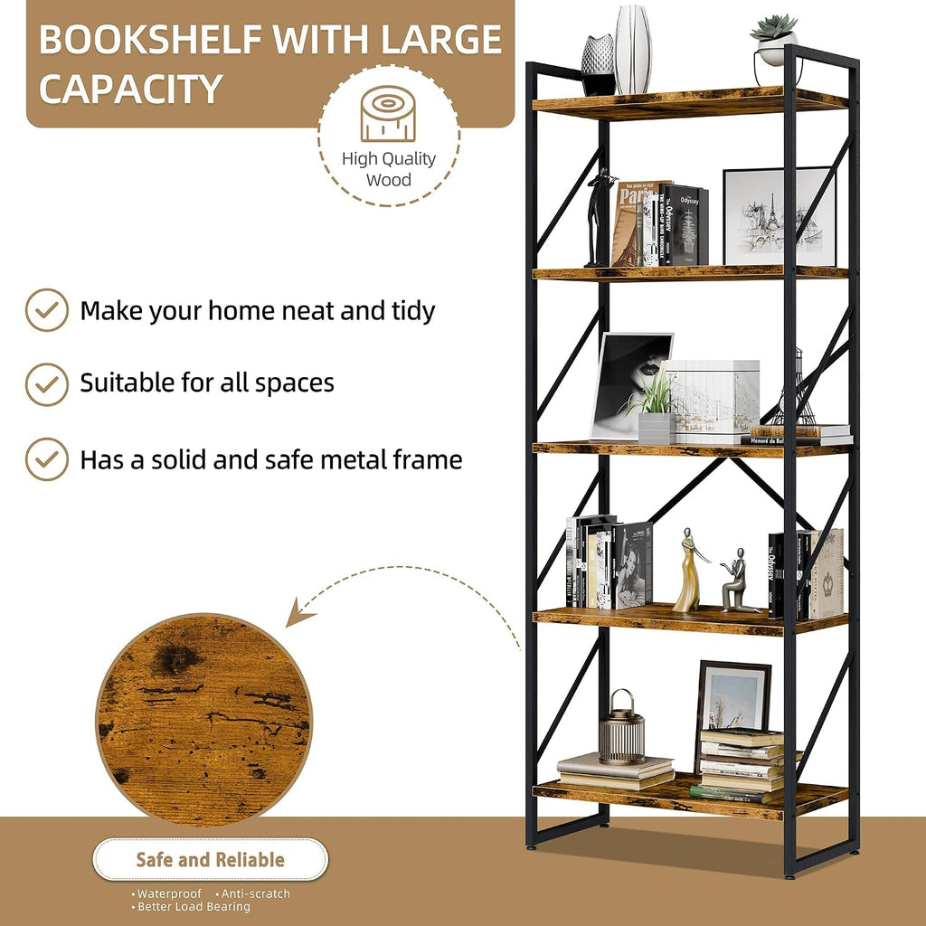 Vongrasig 5 Tier Metal Bookshelf, Narrow Industrial Bookcase, Walnut