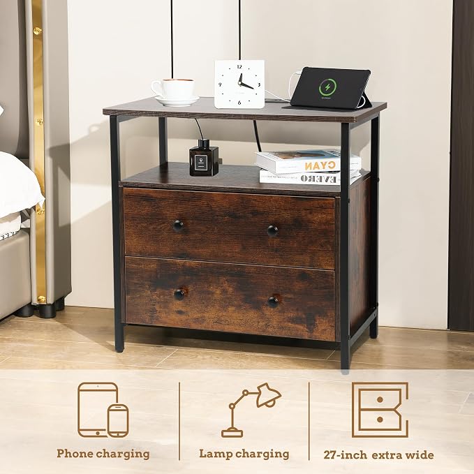 27 inch Wide Night Stand with Charging Station, Bedside Table with Open Shelf - Image 4