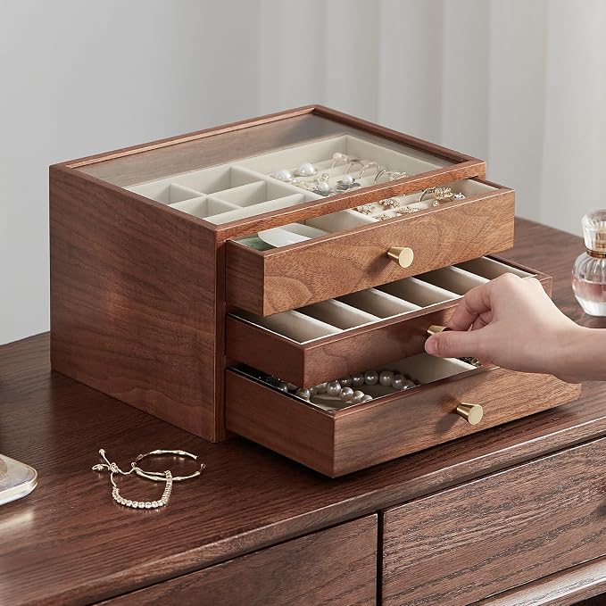 Black Walnut Wooden Jewelry Box Women large 3 Layer Drawer Organizer Box - Image 6