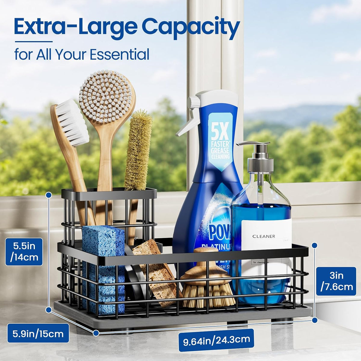 Extra Large Sink Caddy with Drying Stone, Sponge & Brush Holder for