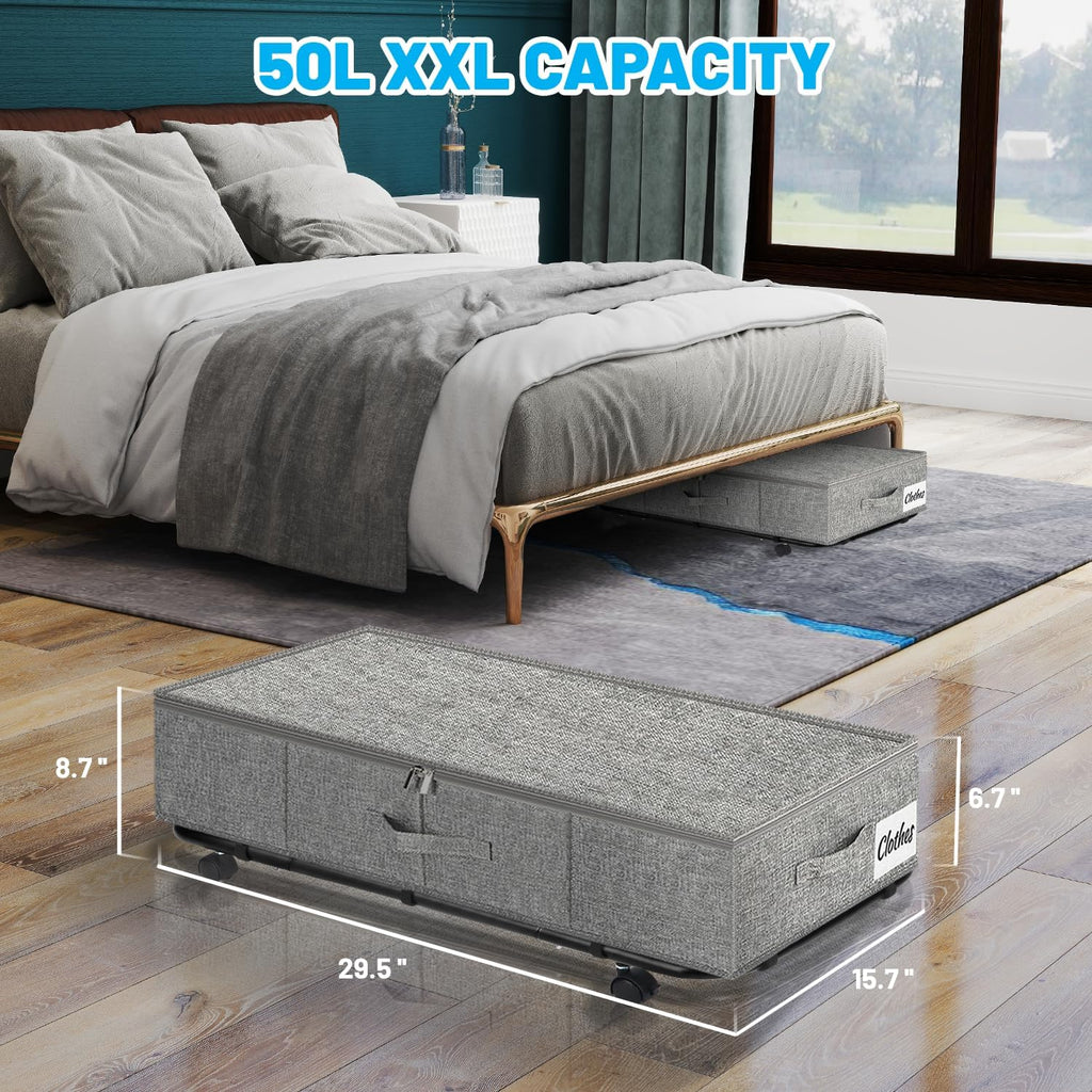 Large Sturdy Under Bed Storage with Wheels, 2 Pack 50L Rolling