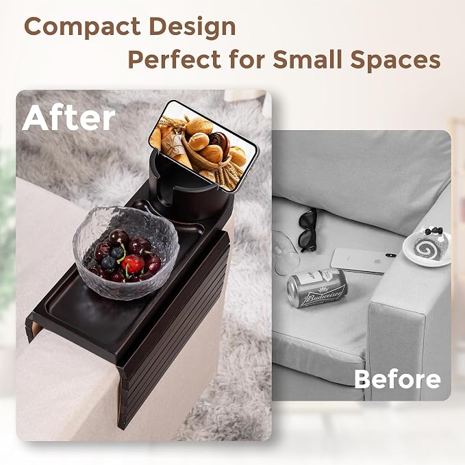 Couch Cup Holder for Thin Armrest Wider Than 4.9'', Bamboo Couch Arm Tray - Image 6