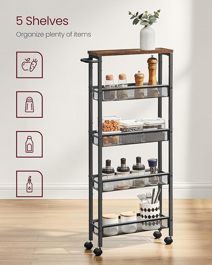 VASAGLE Slim Rolling Cart, 5-Tier Storage Cart, Narrow Carts - Image 4