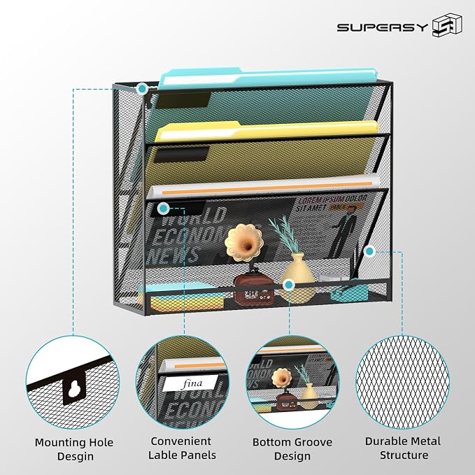 SUPEASY 4-Tier Wall File Organizer Mesh Office Mail Holder, Hanging Wall - Image 4