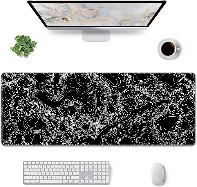 Black with White Topographic Line Large Mouse Pad, Gaming Keyboard Desk Pad - Image 2